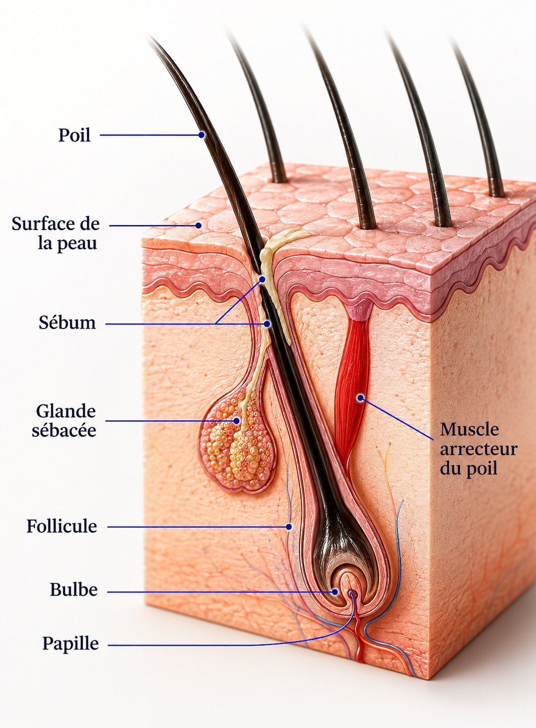 Anatomie du cheveu — follicule, bulbe, papille